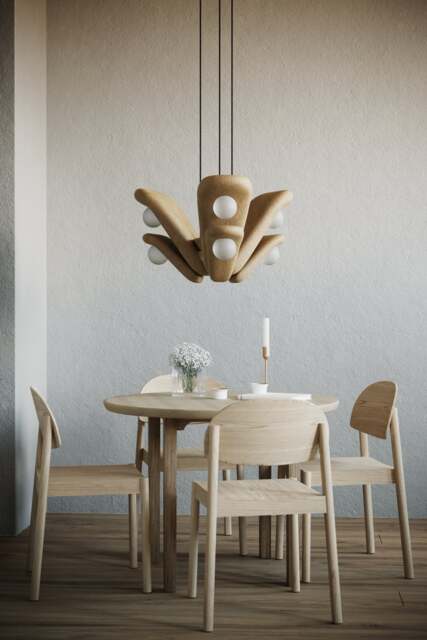 Clay Pendant Light, Chandeliers, Lamps - Handmade Hanging Lamps. Three Small Double-Shaped Petals With Two Lights Each - image 1