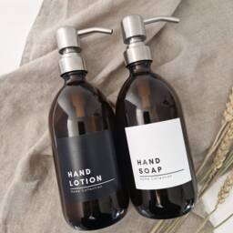 Personalised Refillable Soap Dispenser Amber Glass Or Plastic Bottle. Stainless Steel Pump - thumbnail 4