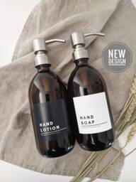Personalised Refillable Soap Dispenser Amber Glass Or Plastic Bottle. Stainless Steel Pump