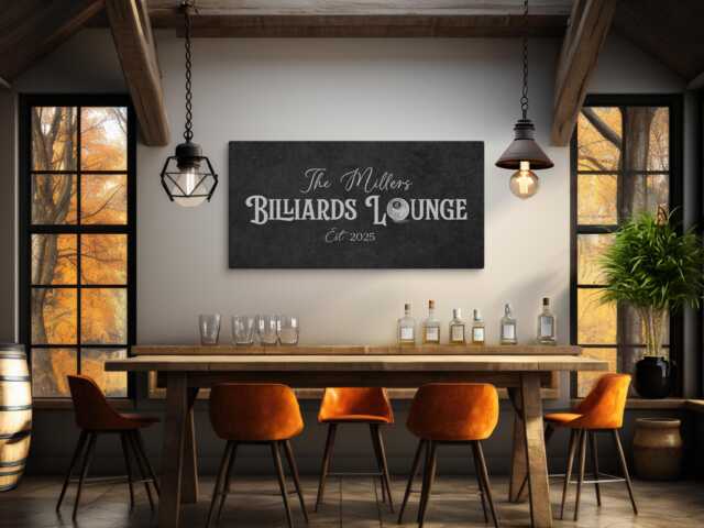 Personalized Billiards Lounge Sign, Pool Room Modern Farmhouse Wall Decor, Canvas Print, Last Name Hall Sign - image 1