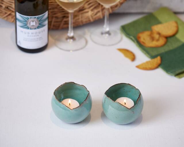 Set Of 2 Turquoise Ceramic Handmade Candle Holders, Votive Holder Set, Living Room, Entrance Decor, Bedside Gift For Her - image 1