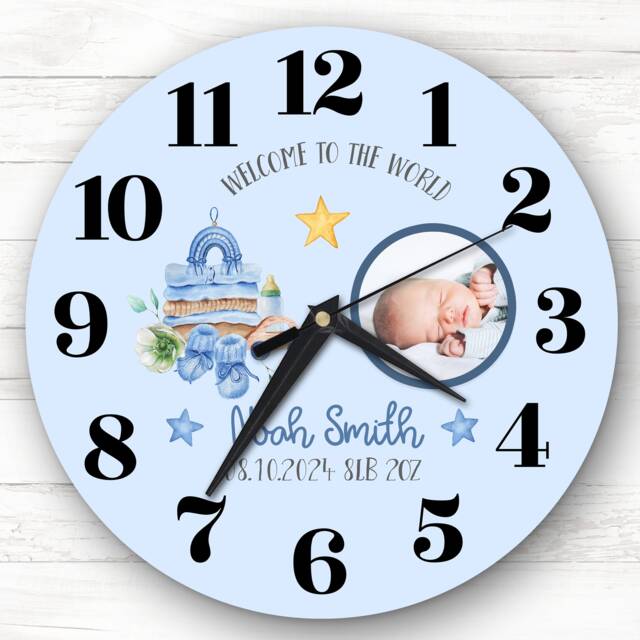 New Baby Boy Photo Blue Personalised Gift Clock - image 1