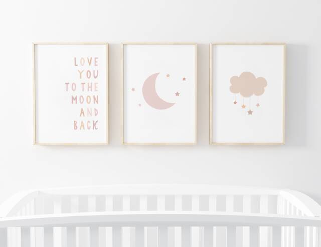 Gender Neutral Moon Stars Prints - Set Of 3, Love You To The Back, Beige & Pink Decor, Baby Girl Print, Nursery Prints, Kids Bedroom - image 1