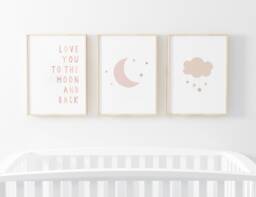 Gender Neutral Moon Stars Prints - Set Of 3, Love You To The Back, Beige & Pink Decor, Baby Girl Print, Nursery Prints, Kids Bedroom - thumbnail 1