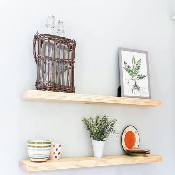 2x Floating Narrow Shelves 15cm, Set Of 2 With Hidden Brackets, Custom Size, Reclaimed Solid Wood, For Brick Masonry Wall - image 1