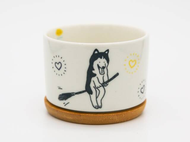 Husky Dog Ceramic Succulent Pot With Bamboo Tray - 3.15'' - image 1