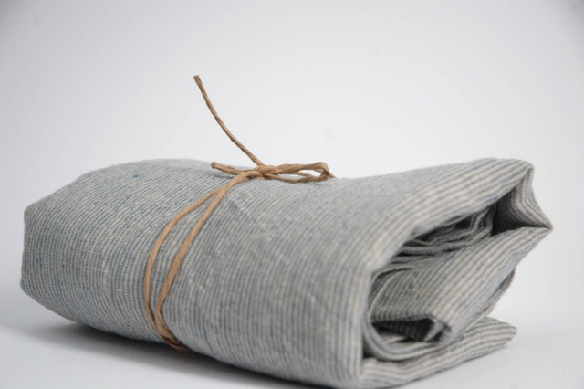 Soft Linen Bath Towel 100% Pure Fabric Sheet Natural & Light Blue Very Narrow Striped Stonewashed Linen Spa - image 1