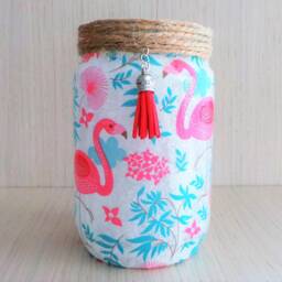 Flamingo Decoupage Jar With String Lights Tropical Party Decor - thumbnail 4
