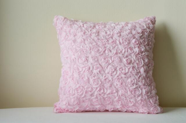 Light Pink Rosette Pillow Cover , 3-D Roses Cushion Powder Rose Decorative Scatter - image 1