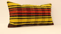 Handmade Wool Lumbar Kilim Pillow, Oriental Boho Cushion - 10x20 Inch - thumbnail 1