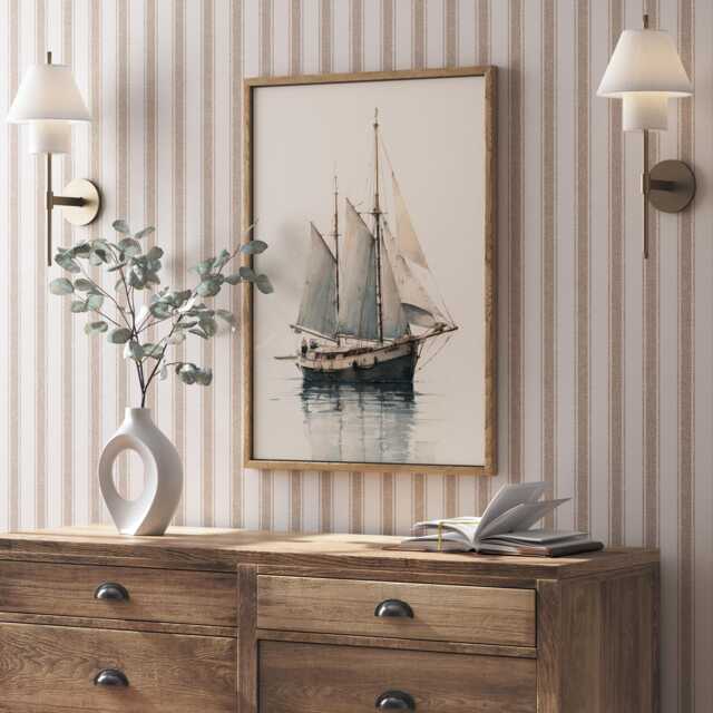 Vintage Sailing Ship Print, Nautical Watercolour Boat Wall Art, Classic Tall Illustration, Coastal Neutral Decor - image 1