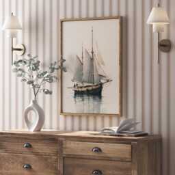Vintage Sailing Ship Print, Nautical Watercolour Boat Wall Art, Classic Tall Illustration, Coastal Neutral Decor - thumbnail 1