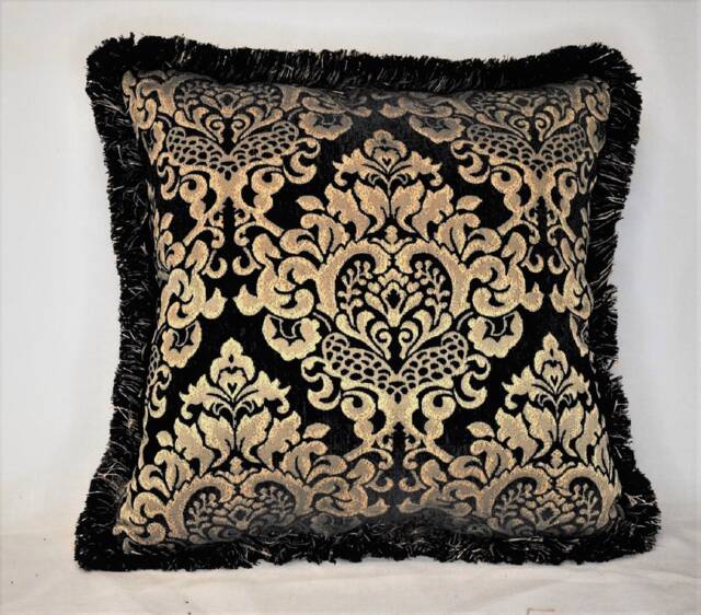 Black Gold Chenille Damask Fringed Decorative Throw Pillows For Sofa Chair Handmade in Usa - image 1