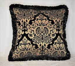 Black Gold Chenille Damask Fringed Decorative Throw Pillows For Sofa Chair Handmade in Usa