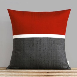 Red Silk Horizon Line Pillow Cover With Cream & Charcoal Gray Stripes By Jillianrenedecor, Luxury Gift For Her, Holiday 12x20 - thumbnail 2