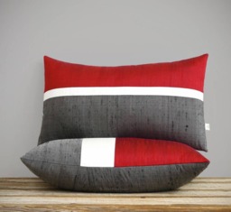 Red Silk Horizon Line Pillow Cover With Cream & Charcoal Gray Stripes By Jillianrenedecor, Luxury Gift For Her, Holiday 12x20