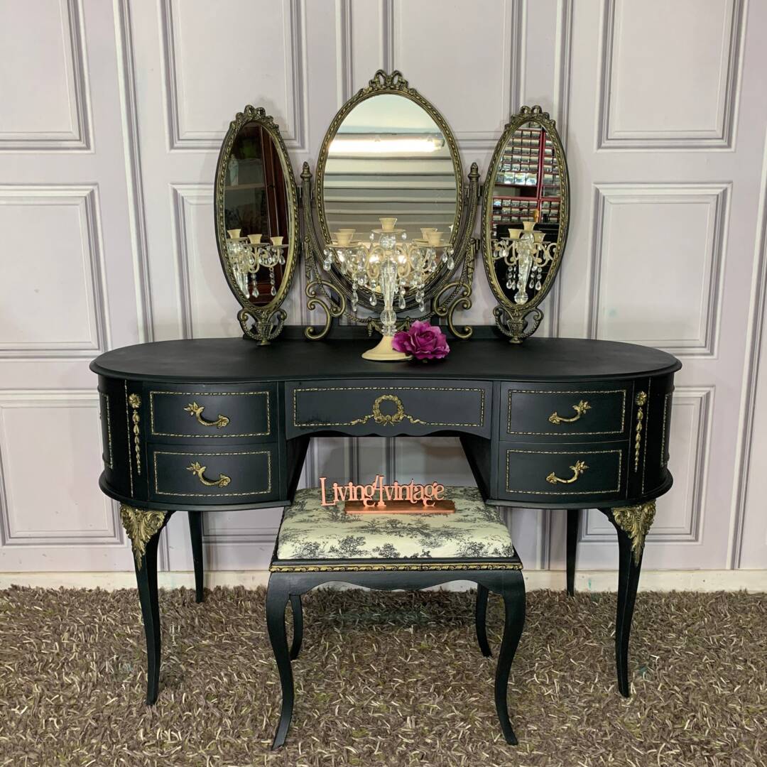 Painted Kidney Shape Dressing Table Black & Gold Vintage Vanity by Etsy |  uFurnish.com