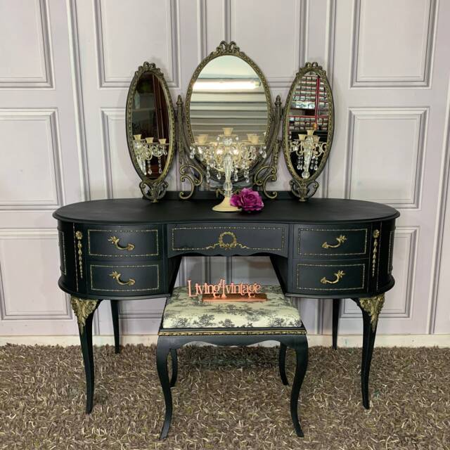 Painted Kidney Shape Dressing Table Black & Gold Vintage Vanity by Etsy |  uFurnish.com