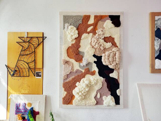 Tundra - Large Abstract Textile Wall Art, Textured Oversized Fiber Art in Beige, Yellow & Burgundy, Yarn Hanging, Japandi Cloud Decor - image 1