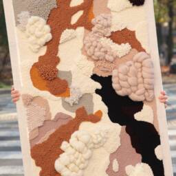 Tundra - Large Abstract Textile Wall Art, Textured Oversized Fiber Art in Beige, Yellow & Burgundy, Yarn Hanging, Japandi Cloud Decor - thumbnail 3