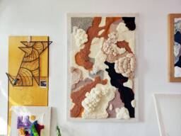 Tundra - Large Abstract Textile Wall Art, Textured Oversized Fiber Art in Beige, Yellow & Burgundy, Yarn Hanging, Japandi Cloud Decor - thumbnail 1