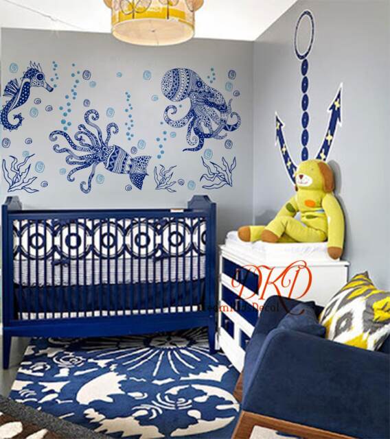 Ocean Wall Decal, Sea Animals, Octopus, Jellyfish Sticker Baby Room Decal Sticker, Boho Bohemian Interior Design, Under The Sea-Dk289 - image 1