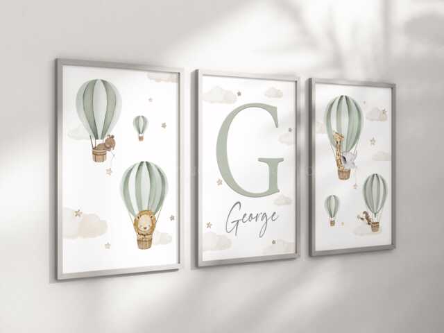 Baby Nursery Air Balloon Cloud Animal Prints - A4 Or A3 Size Safari Boy Girl Wall Art Unisex Beige Natural Green Blue Boho - image 1