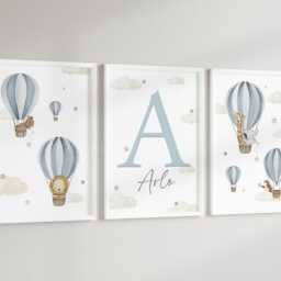 Baby Nursery Air Balloon Cloud Animal Prints - A4 Or A3 Size Safari Boy Girl Wall Art Unisex Beige Natural Green Blue Boho - thumbnail 3