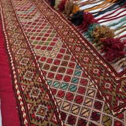 Maroon Teal Handwoven Wall Hanging - Vintage Bohemian Wool Tapestry With Tassels - thumbnail 3