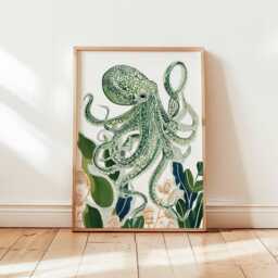 Octopus Poster, Ocean Animal Wall Art, Nautical Sea Life Decor, Print, Marine Creature Coastal Gift Print - thumbnail 1