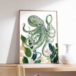 Octopus Poster, Ocean Animal Wall Art, Nautical Sea Life Decor, Print, Marine Creature Coastal Gift Print - thumbnail 2