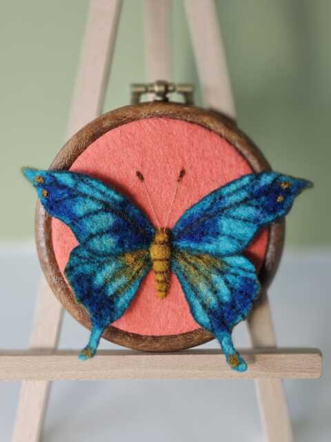 Ooak Needle Felted 3D Butterfly Wall Art, Framed in A Mini Embroidery Hoop - image 1