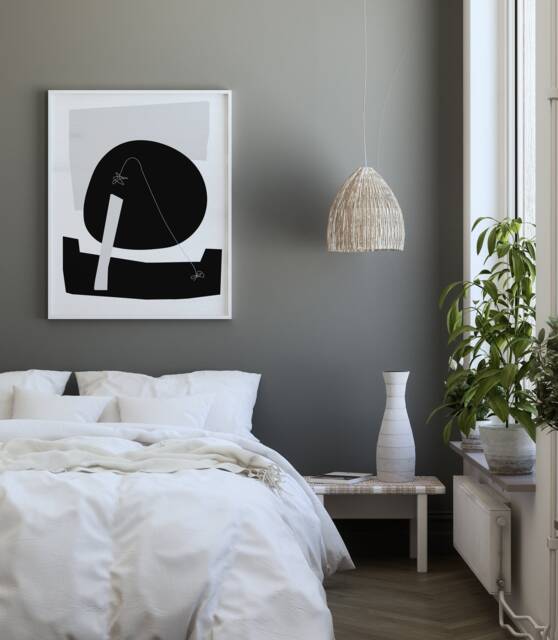Night Sky Print, Geometric Poster Art, Moon Poster, Abstract Shapes Modern Design Black White Print - image 1