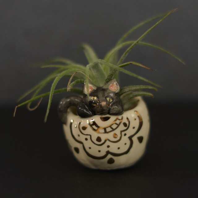 Boho Pumpkin Black Cat Ceramic Airplant Holder, Halloween Figurine, Animal Totem, Cat, Plant Clay Pumpkin - image 1