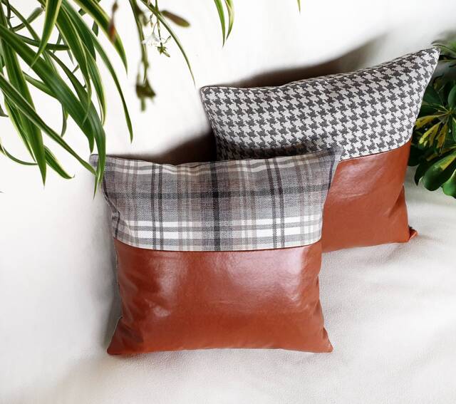 Cognac Faux Leather Pillow Cover Set Houndstooth & Plaid, 28''x28'' - image 1