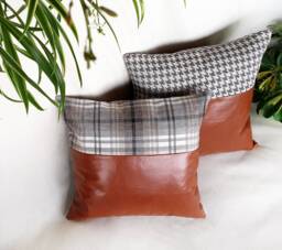Cognac Faux Leather Pillow Cover Set Houndstooth & Plaid, 28''x28'' - thumbnail 1