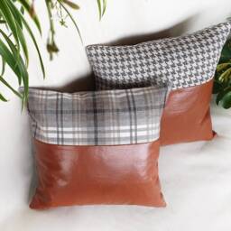 Cognac Faux Leather Pillow Cover Set Houndstooth & Plaid, 28''x28'' - thumbnail 3