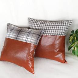 Cognac Faux Leather Pillow Cover Set Houndstooth & Plaid, 28''x28'' - thumbnail 2
