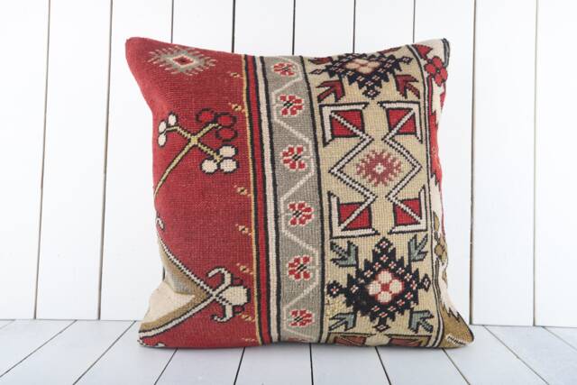 Vintage Kilim Pillow Cover 20x20 Turkish Cushion, Wool Accent - image 1