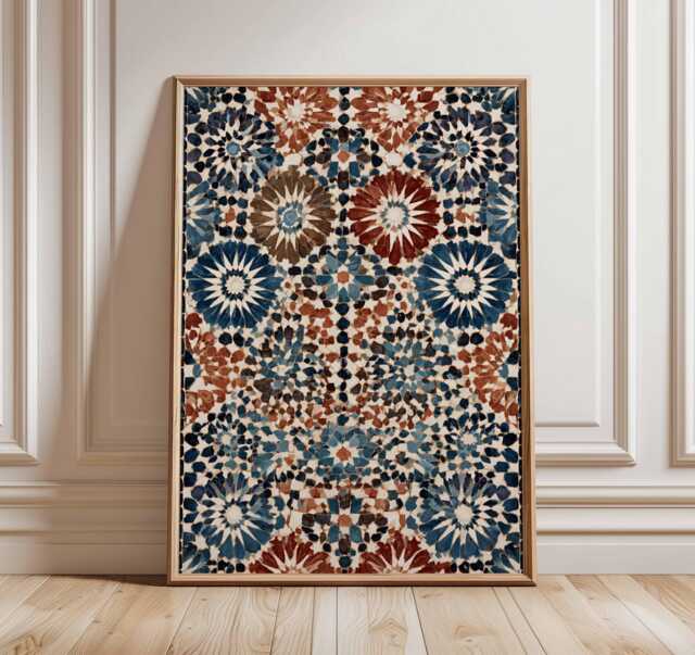 Moroccan Mosaic Wall Art Print, Geometric Pattern Poster, Blue & Terracotta Abstract Tile Design, Boho Home Decor - image 1