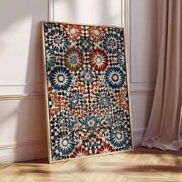 Moroccan Mosaic Wall Art Print, Geometric Pattern Poster, Blue & Terracotta Abstract Tile Design, Boho Home Decor - thumbnail 2