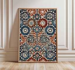 Moroccan Mosaic Wall Art Print, Geometric Pattern Poster, Blue & Terracotta Abstract Tile Design, Boho Home Decor - thumbnail 1