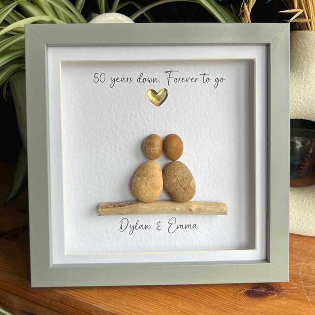 Personalised Golden 50 Years Wedding Anniversary Pebble Art. Gift For Couple Anniversary, Gold Gift, Art Framed Potrait - image 1