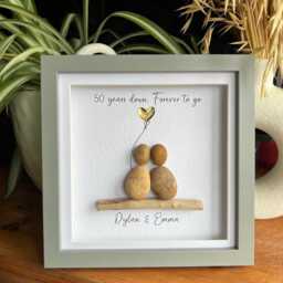 Personalised Golden 50 Years Wedding Anniversary Pebble Art. Gift For Couple Anniversary, Gold Gift, Art Framed Potrait - thumbnail 2