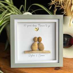 Personalised Golden 50 Years Wedding Anniversary Pebble Art. Gift For Couple Anniversary, Gold Gift, Art Framed Potrait - thumbnail 3