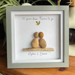 Personalised Golden 50 Years Wedding Anniversary Pebble Art. Gift For Couple Anniversary, Gold Gift, Art Framed Potrait - thumbnail 1
