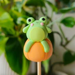 Frog On Pumpkin, Keychain, Charm, Plant Pot Accessory, Figurine, Sculpture, Trinket, Handmade Clay Gifthalloween, Autumn, Fall - thumbnail 1