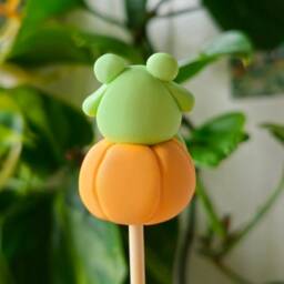 Frog On Pumpkin, Keychain, Charm, Plant Pot Accessory, Figurine, Sculpture, Trinket, Handmade Clay Gifthalloween, Autumn, Fall - thumbnail 3