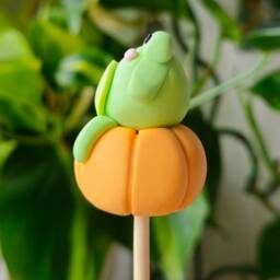 Frog On Pumpkin, Keychain, Charm, Plant Pot Accessory, Figurine, Sculpture, Trinket, Handmade Clay Gifthalloween, Autumn, Fall - thumbnail 2