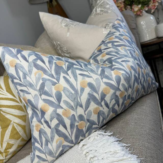 "Sanderson Fabric, Leaf Trail Cushion Cover, Decorative Pillow, Sofa Pillow Throw/Countryside Decor - Blue- Double Sided 12"" X 20" - image 1